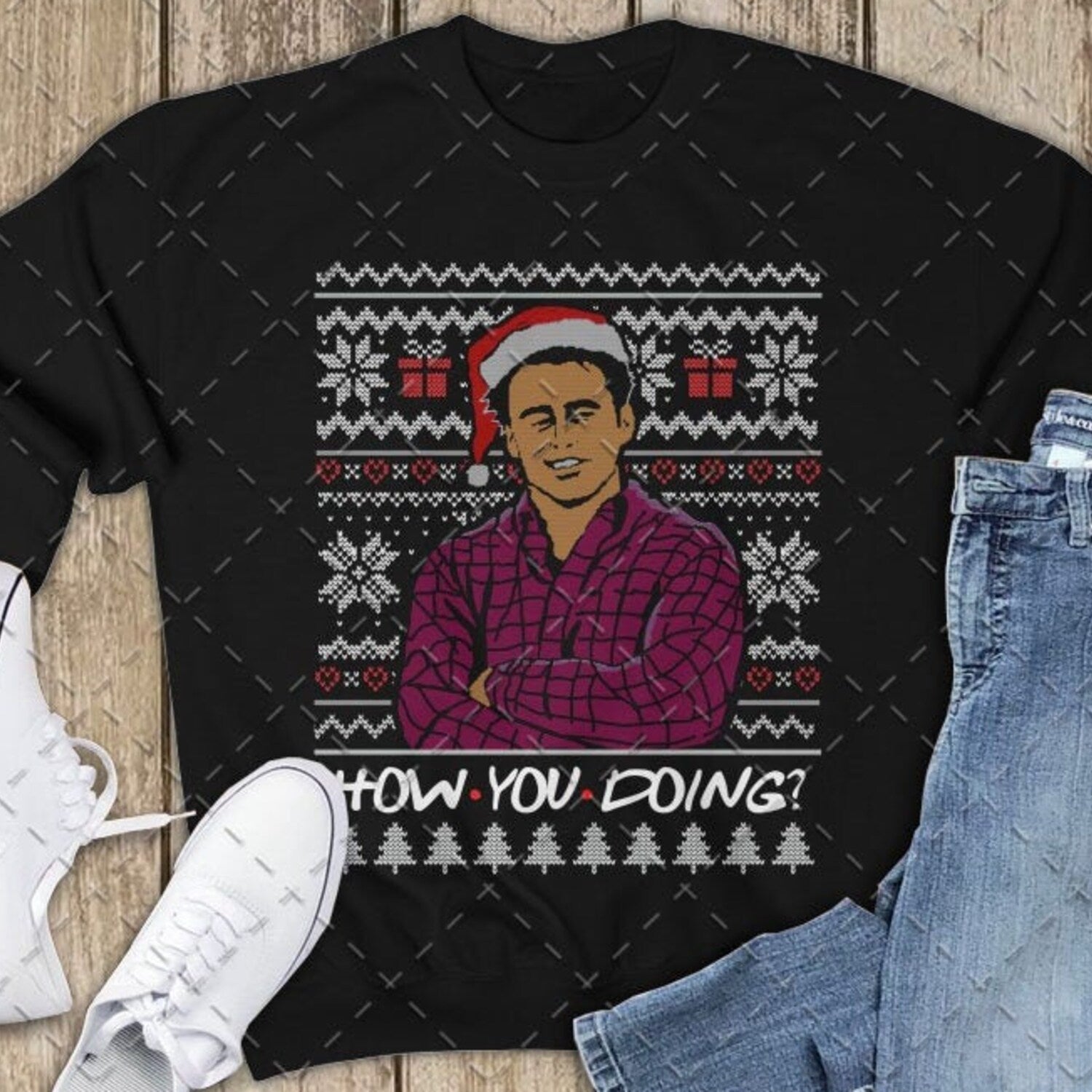 Friends TV Show Ugly Christmas Sweater , Joey How You Doin Christmas Unisex Heavy Blend Crewneck Sweatshirt