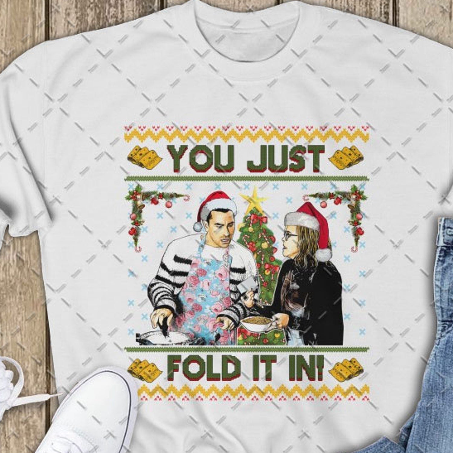 David Rose Moira rose - You just fold it in Christmas Sweater, David Rose Christmas, Moira Rose Christmas, Fold In The Cheese Ugly Christmas